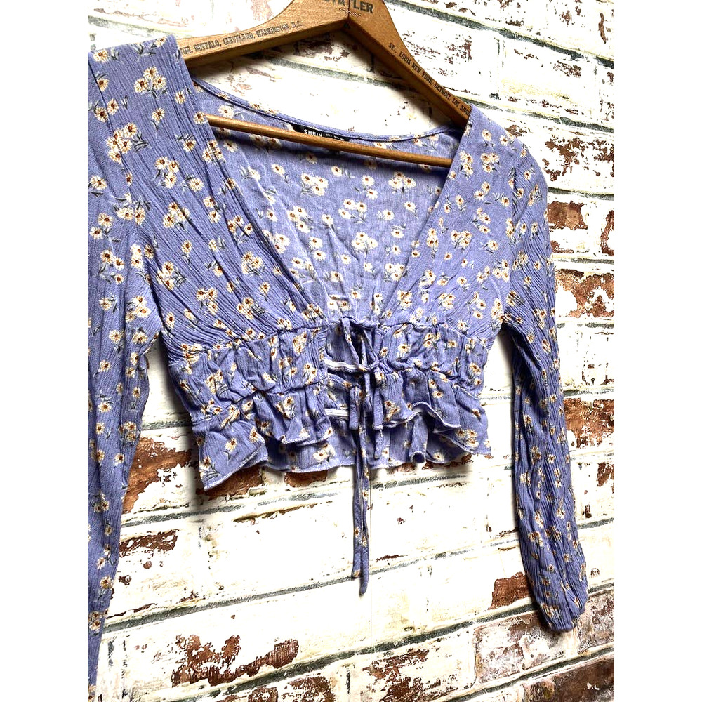 SHEIN Sweet Lilac Daisy Print Long Sleeve Deep V Cropped Waist Tie Blouse - Picture 6 of 12